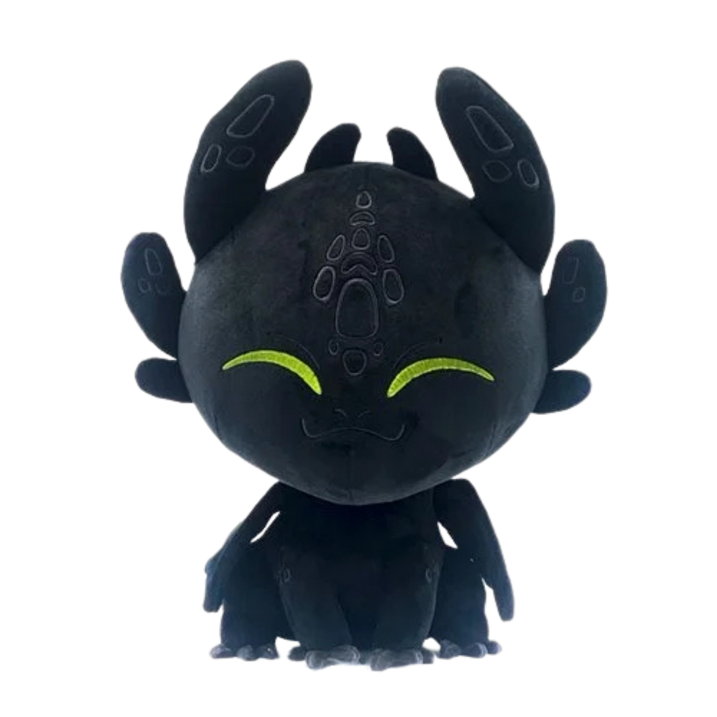 Black plush toy with green eyes on a white background