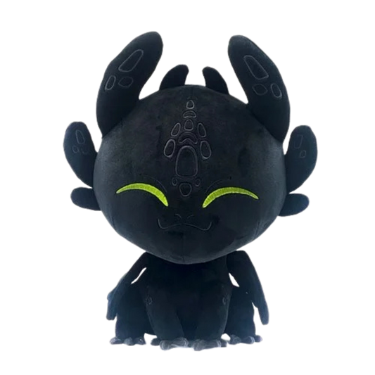 Black plush toy with green eyes on a white background