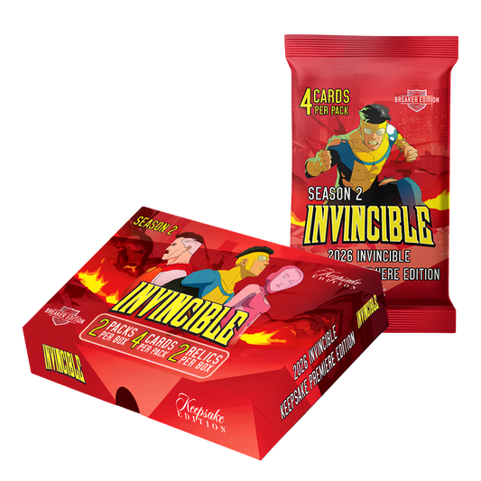 Invincible Season 2 Keepers Premiere Edition card box and matching card pack on a plain white background. The packaging is predominantly red with comic-style artwork featuring the Invincible character and flame graphics.