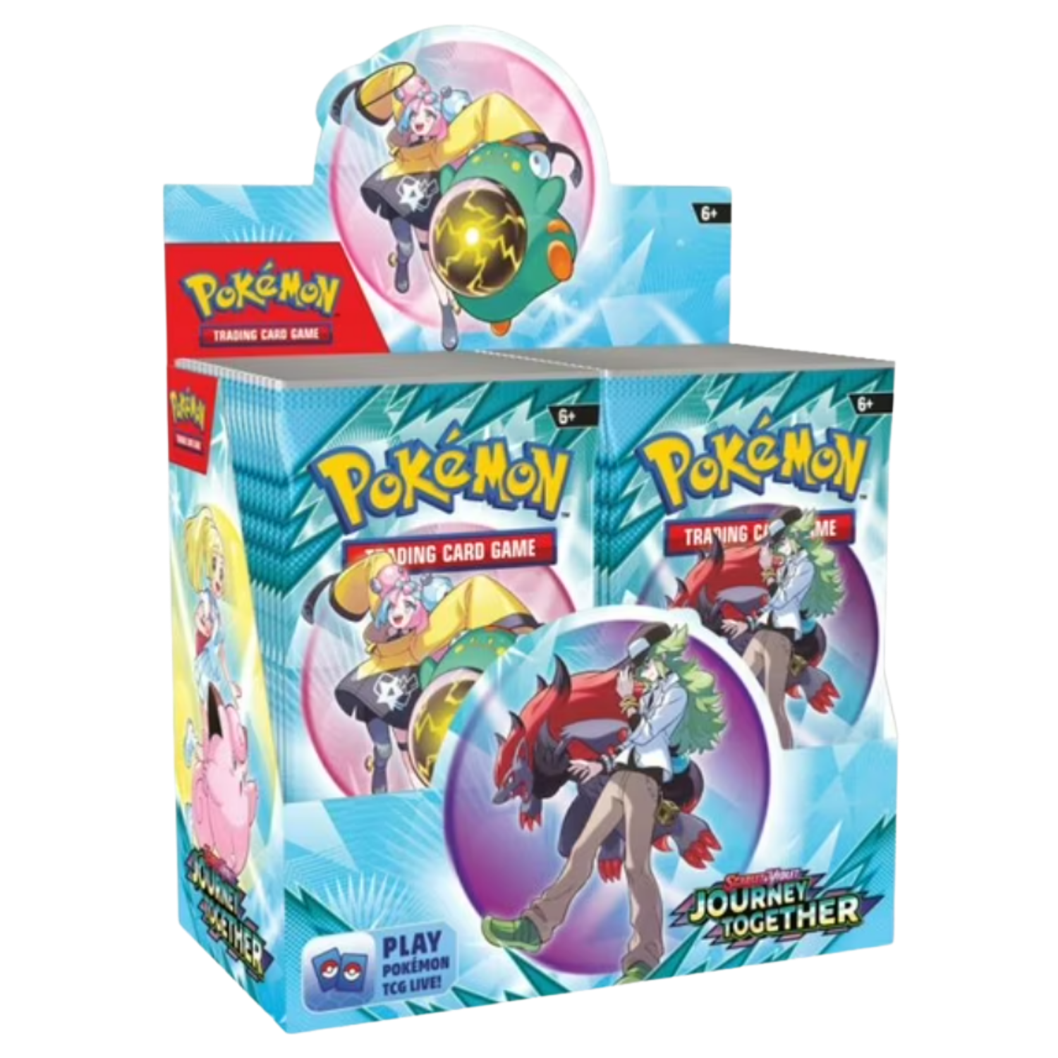 Pokémon trading card game packaging with character illustrations on a white background