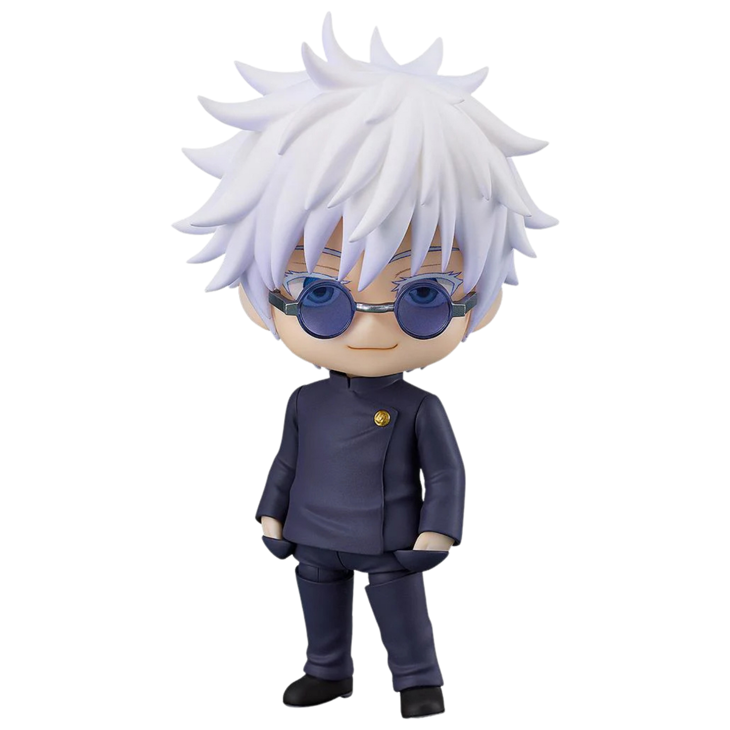 Figurine of a character with white hair and blue glasses wearing a dark outfit on a white background