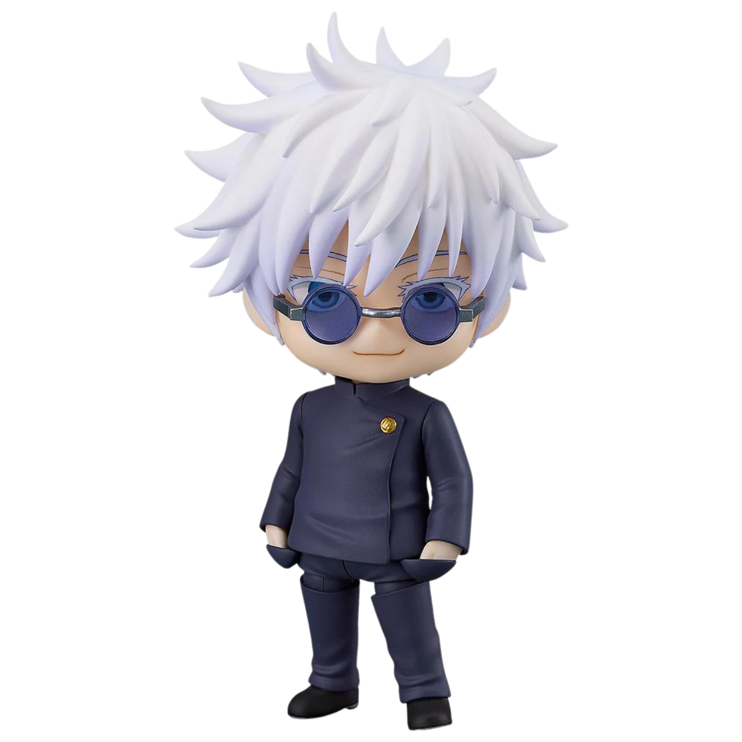 Figurine of a character with white hair and blue glasses wearing a dark outfit on a white background