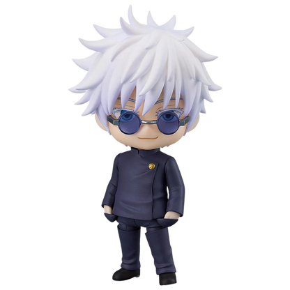 Figurine of a character with white hair and blue glasses wearing a dark outfit on a white background