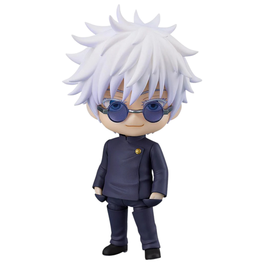 Figurine of a character with white hair and blue glasses wearing a dark outfit on a white background