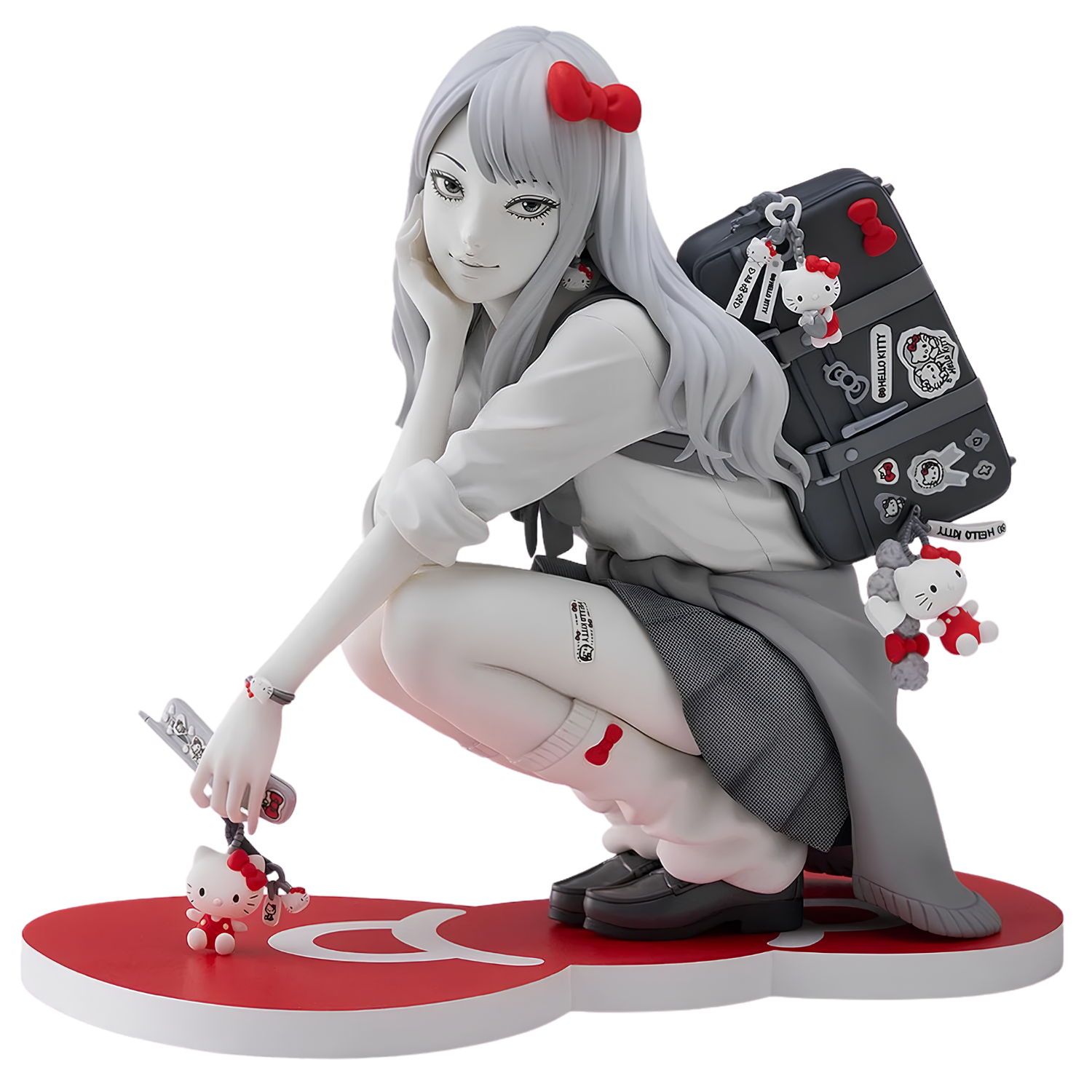 A detailed anime-style collectible figure of a girl with long silver hair and red bows, crouching on a red heart-shaped base. She wears a white long-sleeve top, dark gray pleated skirt, and black backpack decorated with stickers and Hello Kitty-themed accessories, including a small Hello Kitty figure.