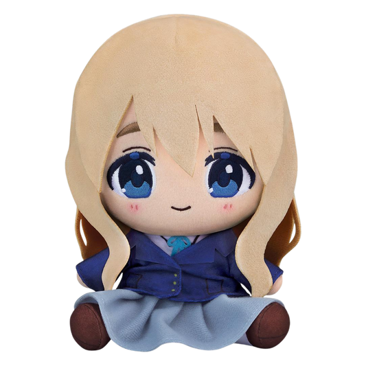 A chibi-style plush doll with long blonde hair, large blue eyes, and a blue-and-gray outfit, shown against a plain white background.