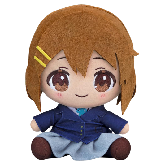 A chibi-style plush doll with brown hair, large brown eyes, and a blue school uniform, shown against a plain white background.