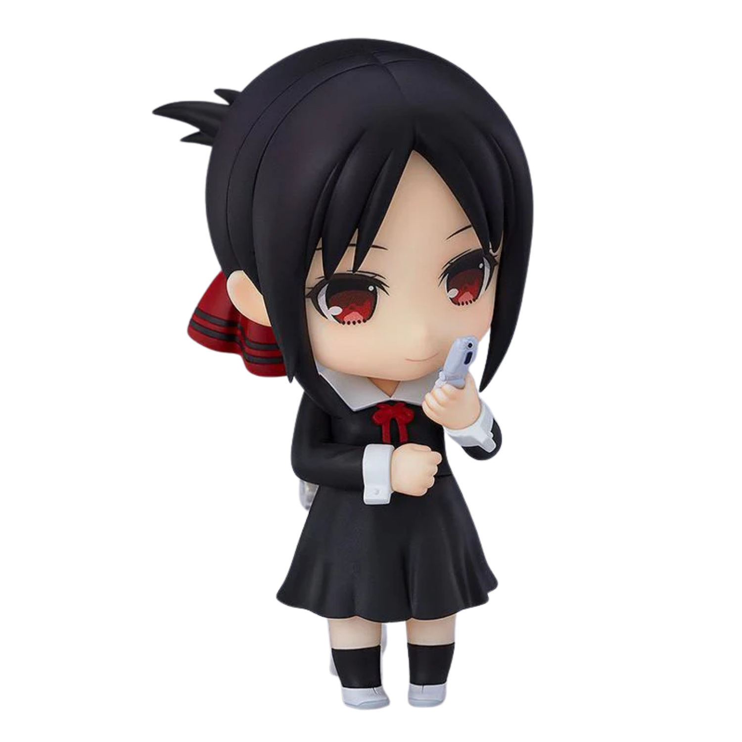 Anime character figurine with black hair and red eyes holding a phone on a white background