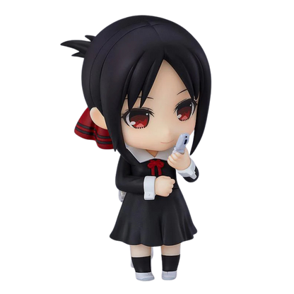 Anime character figurine with black hair and red eyes holding a phone on a white background