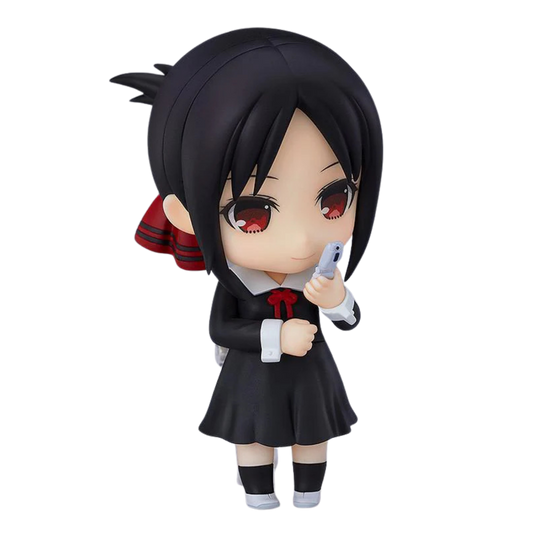 Anime character figurine with black hair and red eyes holding a phone on a white background