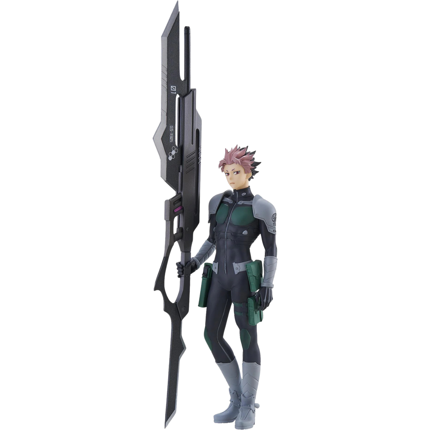 Action figure in a futuristic suit holding a large weapon on a white background