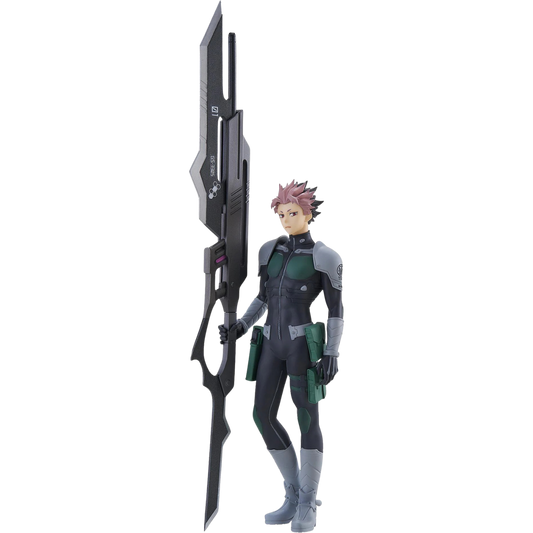 Action figure in a futuristic suit holding a large weapon on a white background