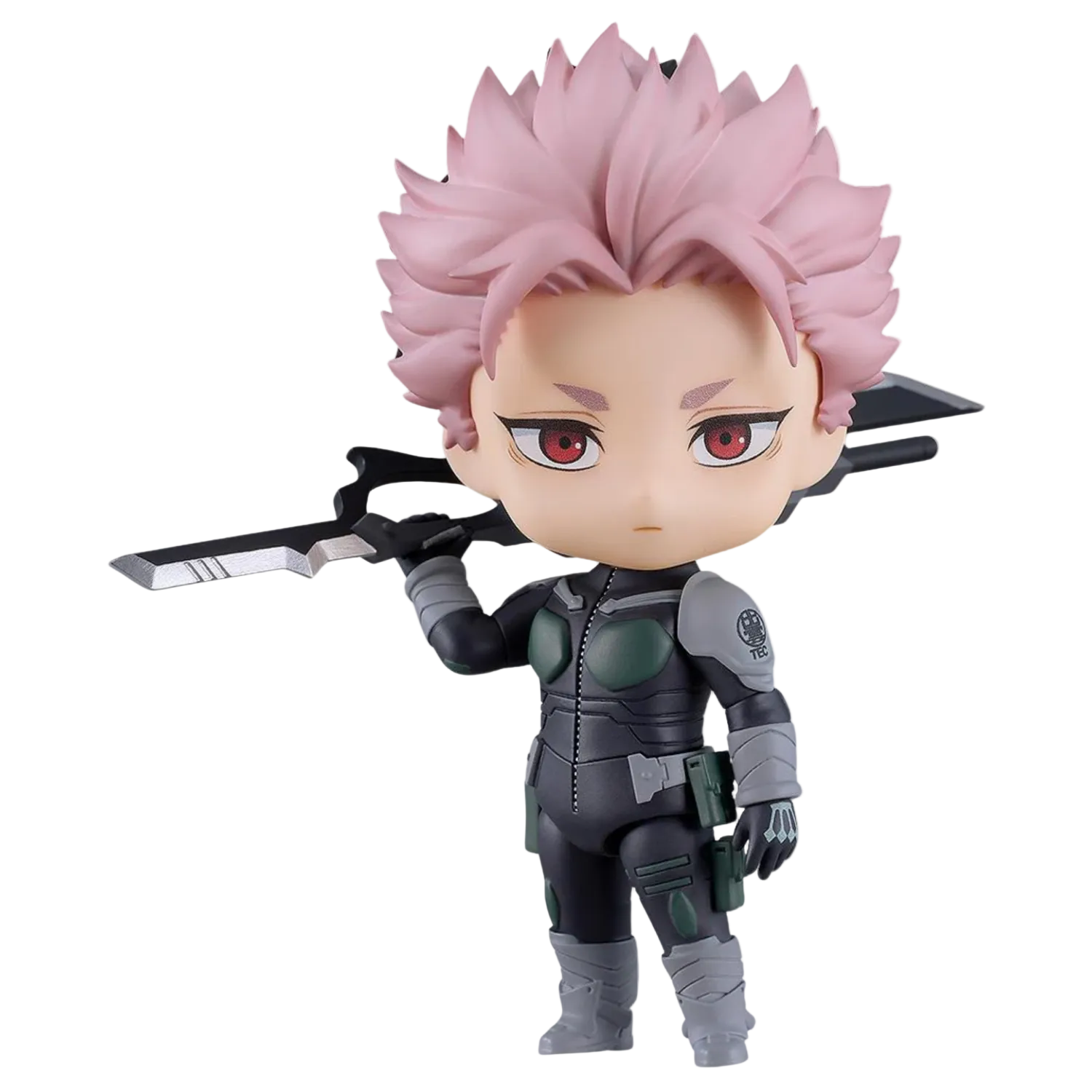 Action figure with pink hair and a black outfit holding a sword on a white background