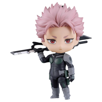 Action figure with pink hair and a black outfit holding a sword on a white background