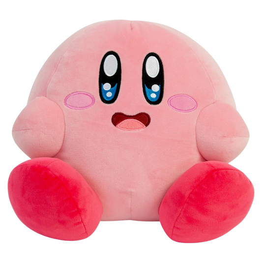 Pink plush toy with large eyes and red feet on a white background
