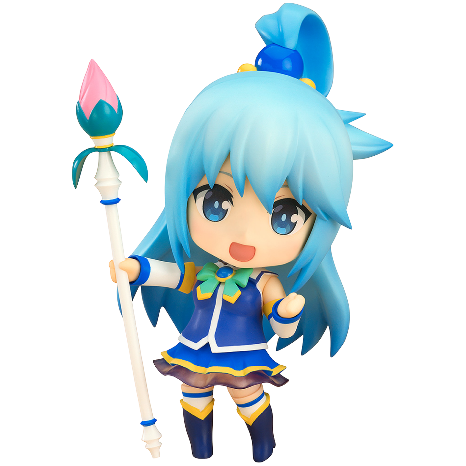 Anime character figurine with blue hair and a staff on a white background