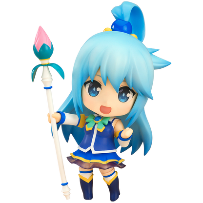 Anime character figurine with blue hair and a staff on a white background