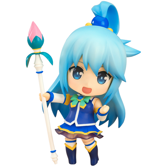 Anime character figurine with blue hair and a staff on a white background