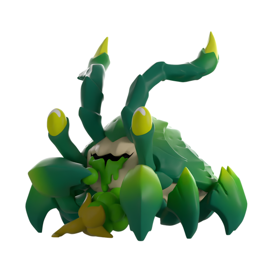 A 3D-rendered green plant-like monster or crab creature with multiple leafy arms, yellow-green claw tips, and a dark mouth area, shown on a plain white background.