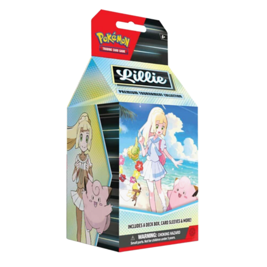 Pokémon trading card game packaging with Lillie character on a white background