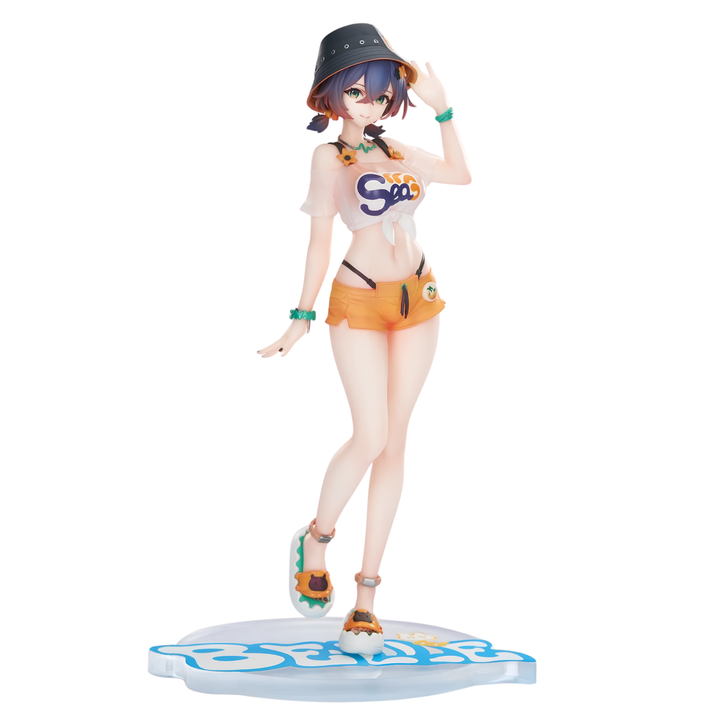An anime-style female figurine standing on a clear display base. She wears a dark bucket hat, a white crop top with colorful 'Soo' lettering, and orange shorts, with multicolored sandals and wrist accessories.
