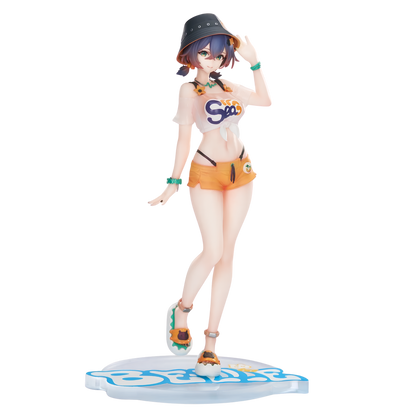 An anime-style female figurine standing on a clear display base. She wears a dark bucket hat, a white crop top with colorful 'Soo' lettering, and orange shorts, with multicolored sandals and wrist accessories.