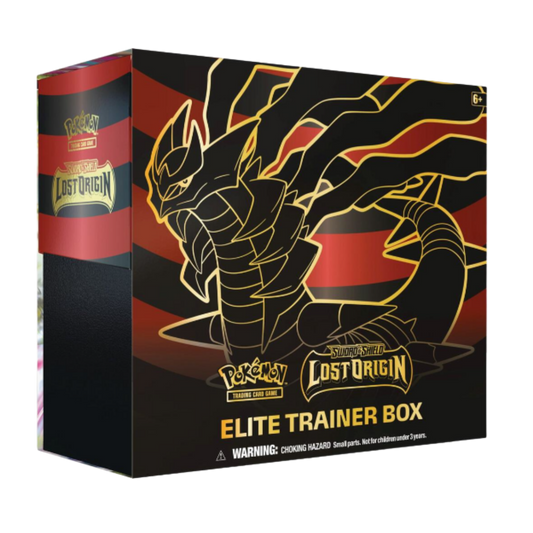Pokémon Lost Origin Elite Trainer Box packaging with dragon design on a red and black background