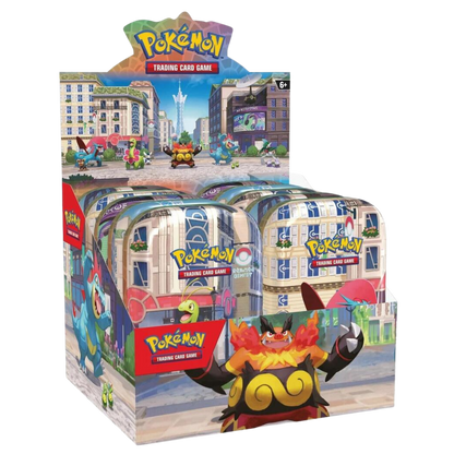Pokémon trading card game packaging with cityscape design