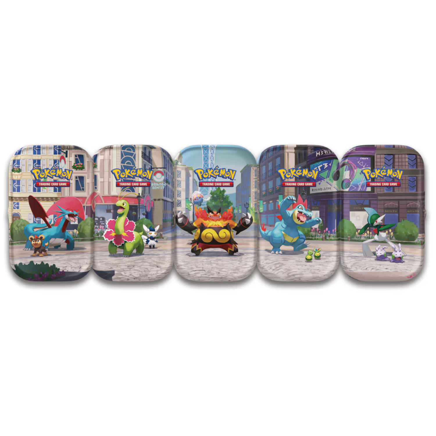 Set of five Pokémon trading card game tins with various characters on a white background