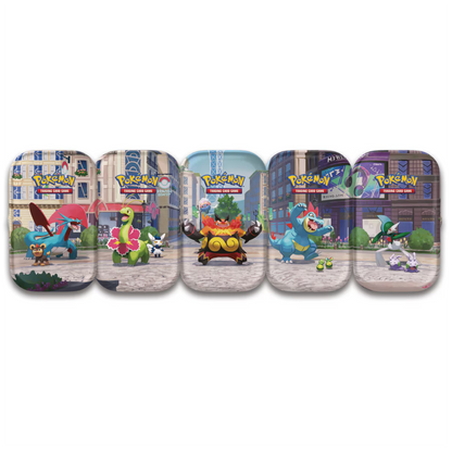 Set of five Pokémon trading card game tins with various characters on a white background