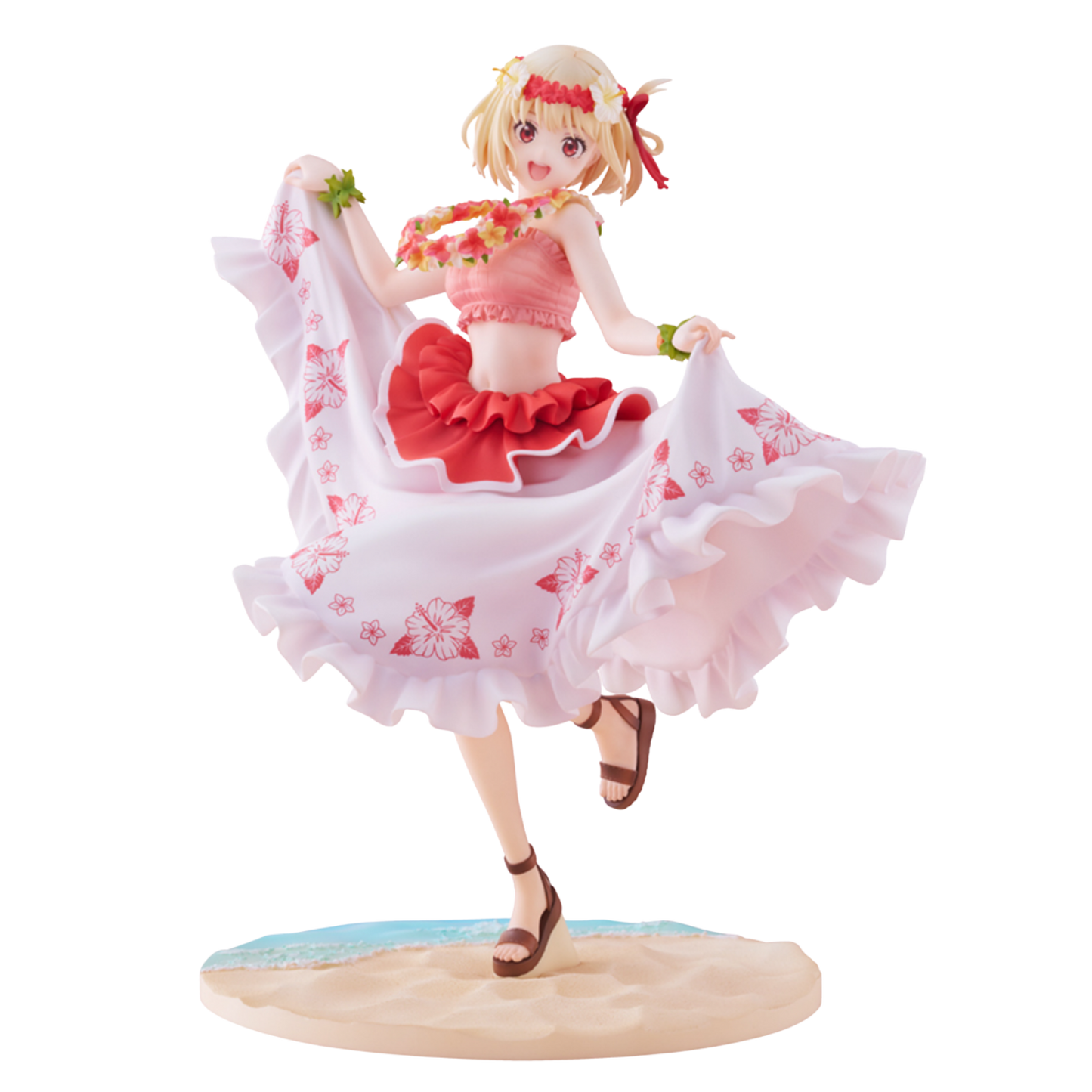 Anime character figurine in a pink and red dress with a white background
