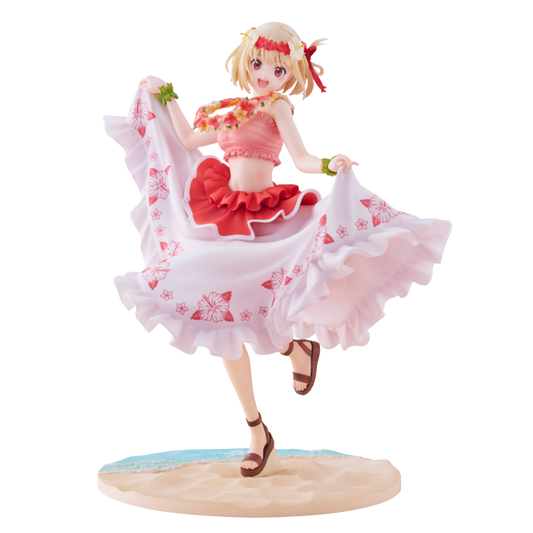 Anime character figurine in a pink and red dress with a white background