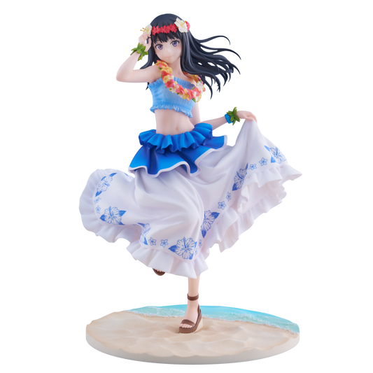 Figurine of a character in a blue and white outfit with floral accessories on a white background