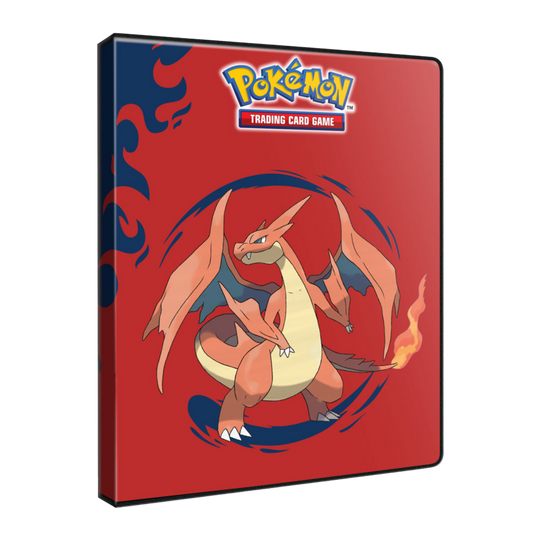 Pokémon Trading Card Game binder with Charizard on a red background