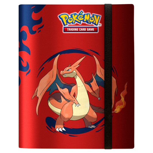 Pokémon Trading Card Game binder with Charizard on a red background