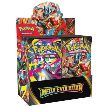 Pokémon trading card game packs with Mega Evolution theme on a white background