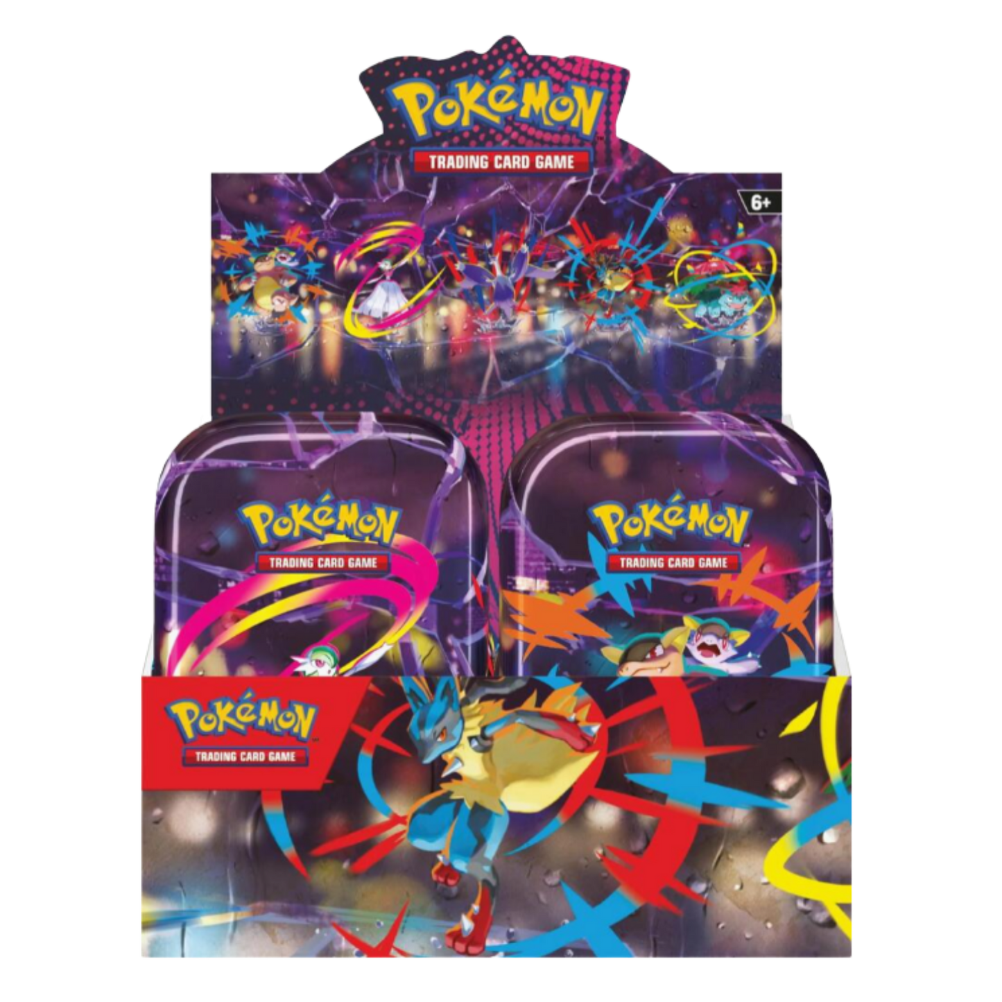A colorful Pokemon product featuring 8 mini tins and Lucario on the packaging