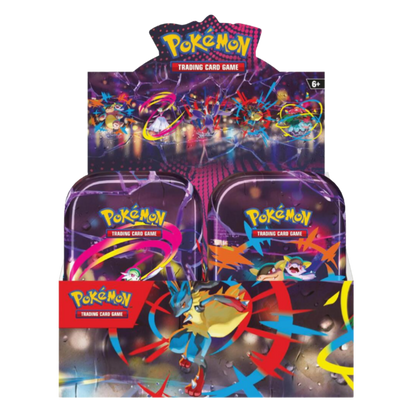 A colorful Pokemon product featuring 8 mini tins and Lucario on the packaging