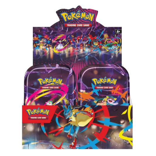 A colorful Pokemon product featuring 8 mini tins and Lucario on the packaging