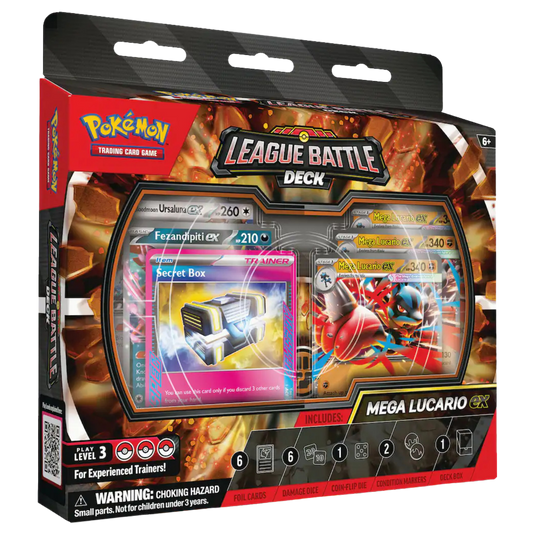 Pokémon Trading Card Game League Battle Deck packaging with character images and text.