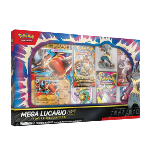 Pokémon Mega Lucario ex Figure Collection packaging with cards and figure on a white background