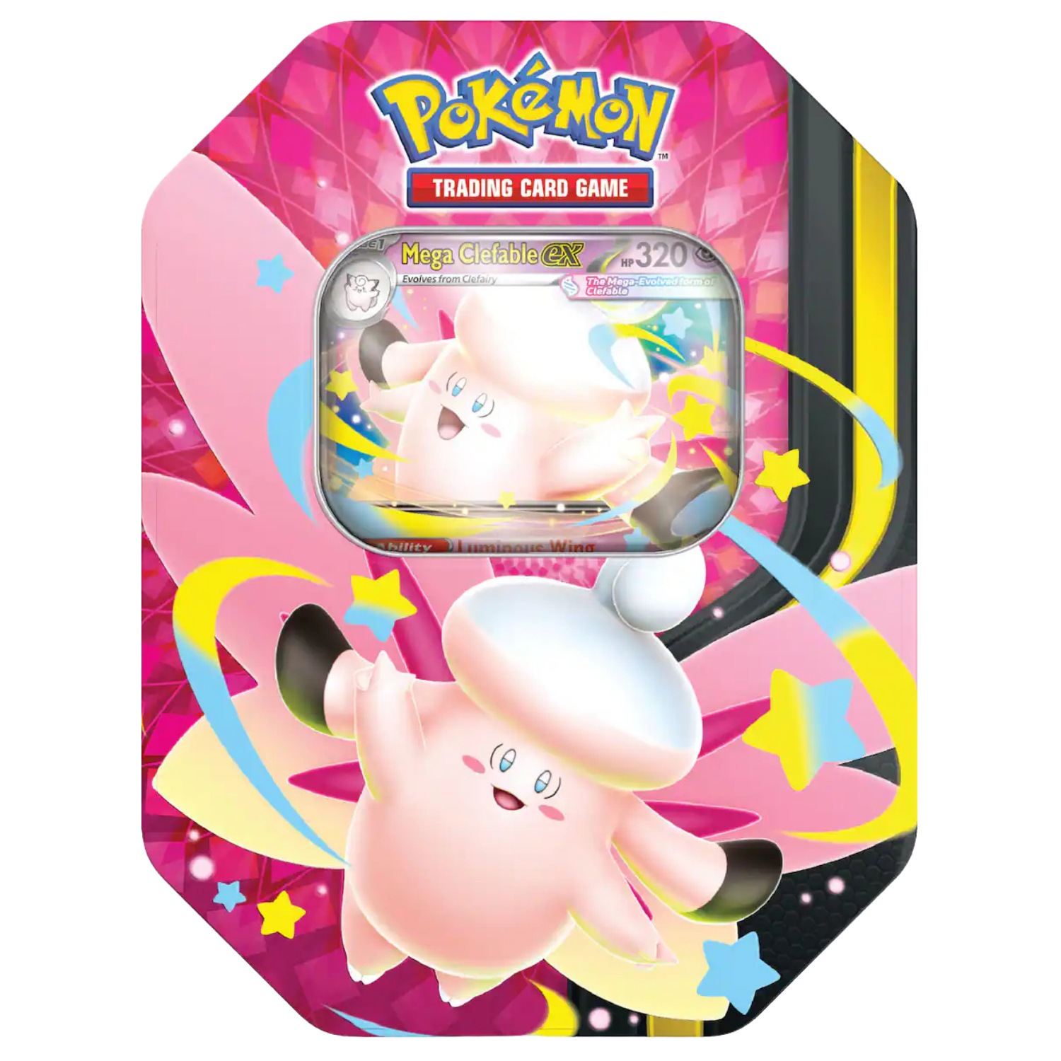 Pokémon trading card game packaging with a pink character on a colorful background
