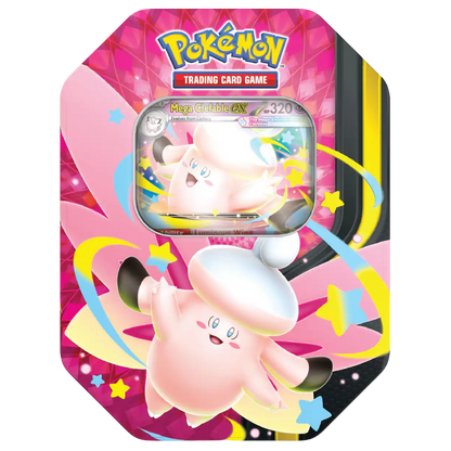 Pokémon trading card game packaging with a pink character on a colorful background
