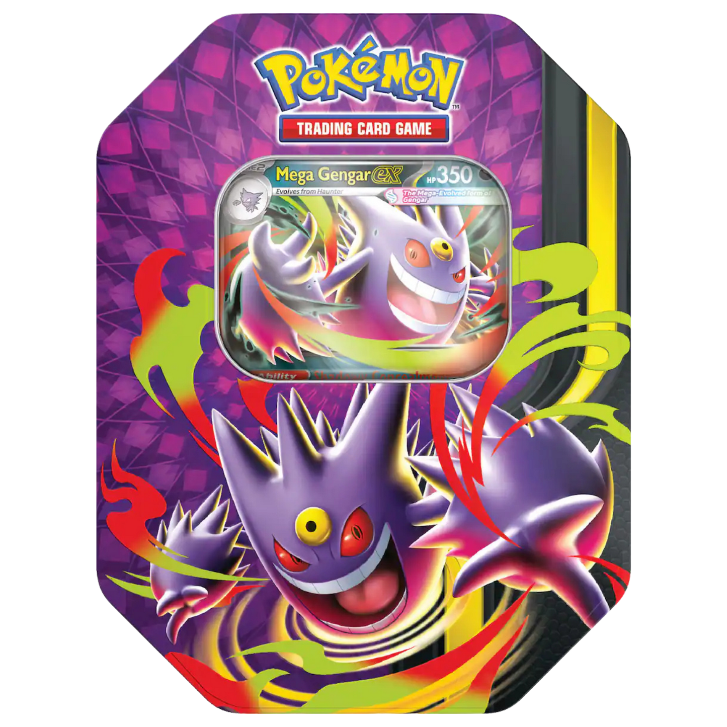 Pokémon trading card game packaging with Mega Gengar EX on a colorful background