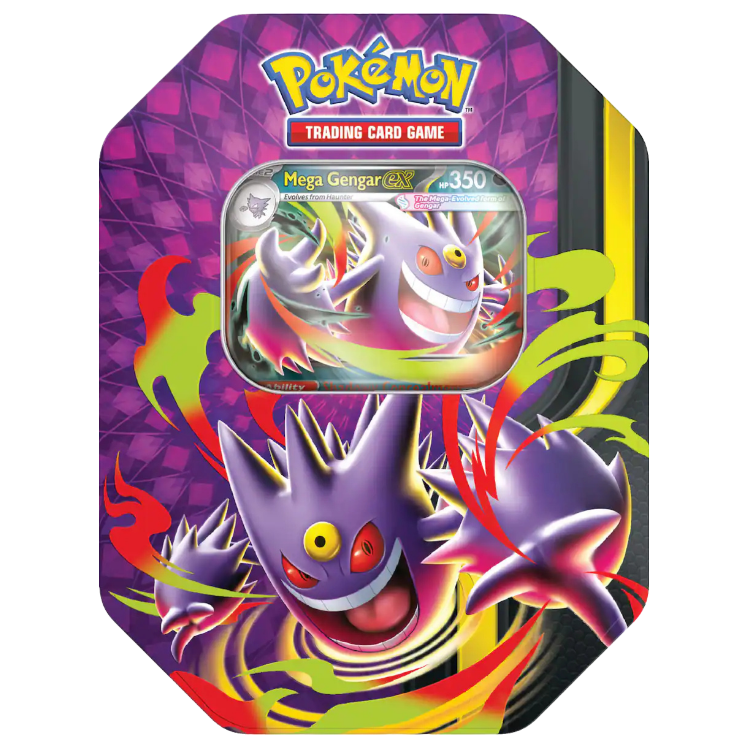 Pokémon trading card game packaging with Mega Gengar EX on a colorful background