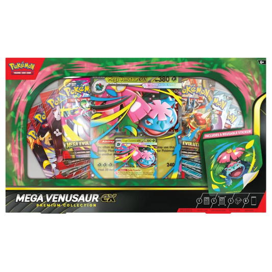 Pokémon Mega Venusaur EX Premium Collection packaging with trading cards and stickers.