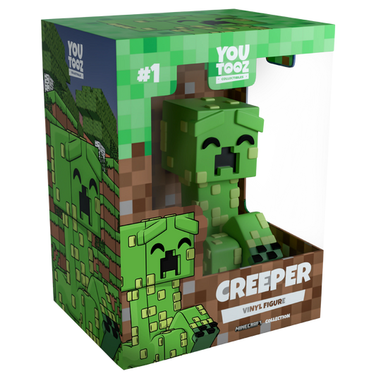 Boxed Creeper vinyl figure from Minecraft with green and brown design