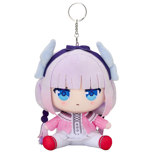 A chibi anime plush keychain featuring a character with lavender hair, blue eyes, a purple headband with light blue horns, and a pink-and-white outfit, attached to a silver metal key ring on a plain white background.