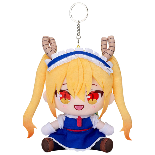 A chibi plush keychain of a blonde anime character with red eyes, wearing a blue and white maid outfit, featuring horn-like hair accessories and a metal key ring at the top, shown on a plain white background.