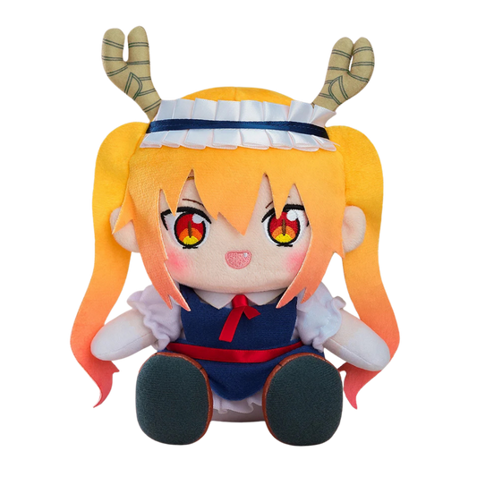 A plush doll of the anime character Megumi Fushiguro, featuring orange hair in pigtails, a white and navy maid outfit, and small antler accessories, set against a plain white background.